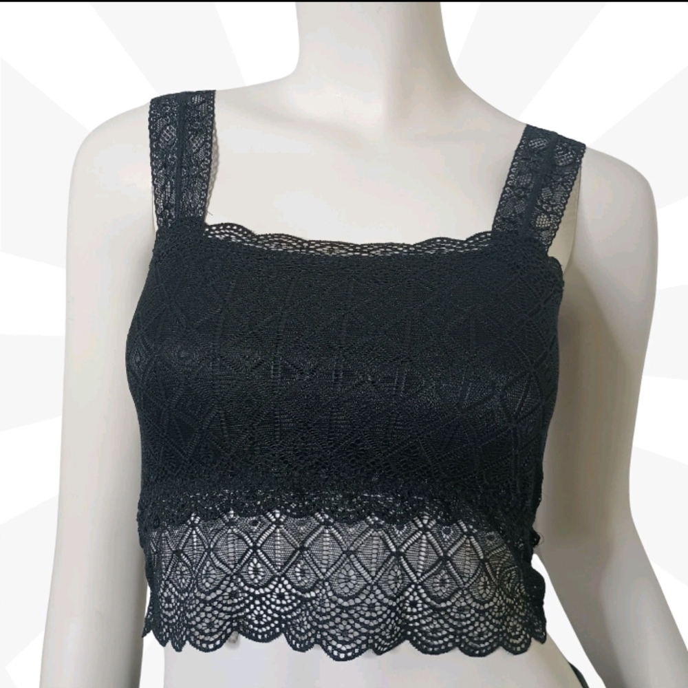 Black Cropped Tank Top Size XS Nylon Blend Lace Bralette